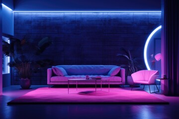 The interior of the living room in high-tech style with neon lighting and sofas