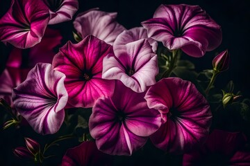 A Still Life Close Up Shot of Petunia Flowers. Delicate petals in shades of pink and purple fill the frame, each one  intricate details when examined up close - AI Generative