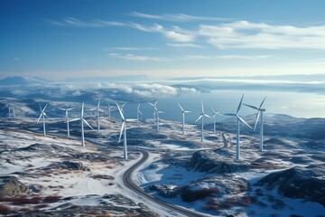 Aerial view of a wind turbine surrounded with snow under the blue sky