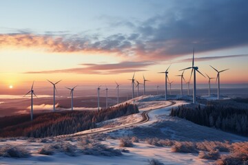 Aerial panorama of wind farm in winter forest at sunset