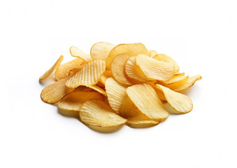 Pile of potato crisps chips with salt on white backgroud.Macro.AI Generative