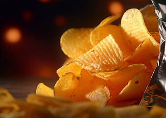 Opened pack of crunchy potato crisps chips on table.Macro.AI Generative