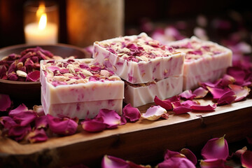 Fototapeta na wymiar Handmade soap with rose petals