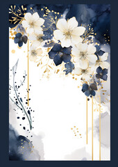 Watercolor New Year's Day Card Template,  Midnight Blue and Champagne Gold hues , White Orchids