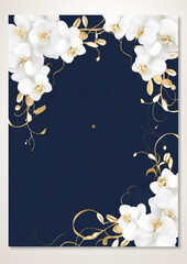 Watercolor New Year's Day Card Template,  Midnight Blue and Champagne Gold hues , White Orchids