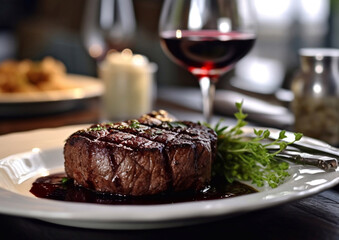 Grilled tenderloin steak with glass of red wine in fine dining restaurant.Macro.AI Generative. - Powered by Adobe