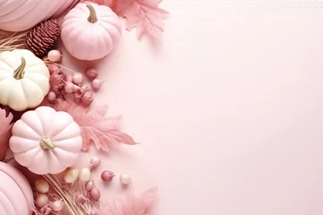 Zelfklevend Fotobehang pink pastel pumpkins with fall leaves on soft colored ground with space for text, soft pink fall background © Tina