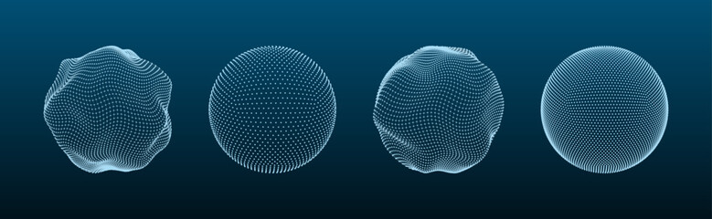 3D sphere mesh. Globe shapes with dots and line grid, orb wire structure models matrix futuristic concept. Digital polygonal balls with particles vector set - obrazy, fototapety, plakaty