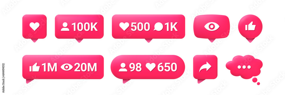 Fototapete social media notification. 3d red speech bubble buttons with heart like, comment and user, follower 