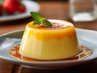 Creamy custard pudding with sauce and mint.Macro.AI generative - obrazy, fototapety, plakaty