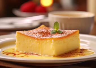 Sponge custard cake with meant leaf on plate in restaurant.Macro.AI Generative - obrazy, fototapety, plakaty