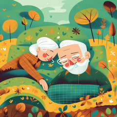 Obraz na płótnie Canvas old woman man couple happiness retired asleep bed together illustration happy love. Generative AI.