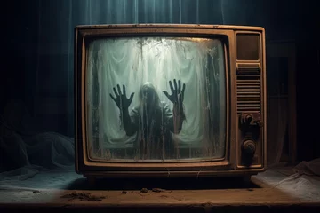 Photo sur Plexiglas Vielles portes an old television covered in cobwebs, inside the screen of which an scary shadow raises its hands. Halloween horror concept