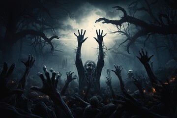 Zombies raising their hands from the cemetery ground. fear at night under the moon. Halloween horror concept