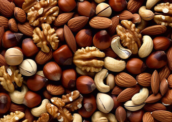 Obraz premium Macro shot of various assorted nut mix.Top view.AI Generative