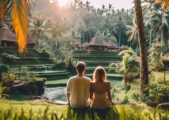 Young couple in tropical vacation resort with local village and lake view.Macro.AI Generative © DenisMArt