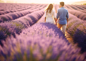 Young romantic couple walking in lavender fields.Macro.AI Generative
