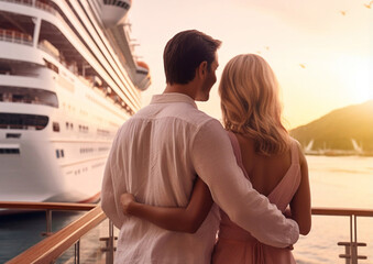 Fototapeta na wymiar Romantic couple next to cruise ship on summer vacation holiday trip.Macro.AI Generative.