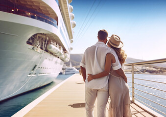 Romantic couple next to cruise ship on summer vacation holiday trip.Macro.AI Generative. - obrazy, fototapety, plakaty