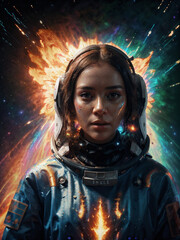 fantastic teal and orange woman portrait. space explosion in the background