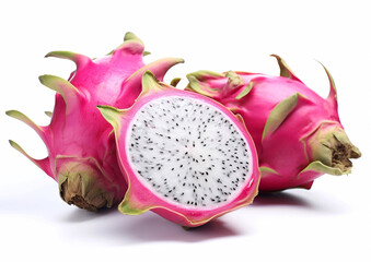 Ripe pitaya dragon fruit whole and half on white background.AI Generative