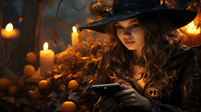 A good witch or smart woman who is spooky and fashionable.  Great for halloween stories, flyers, etc.