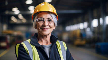Senior woman manager or supervisor in hardhat standing in a warehouse.