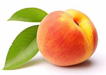 Large peach with leaf on white background.Macro.AI Generative