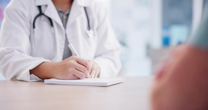 Doctor, hands and writing notes in patient consultation, checkup or diagnosis and medication on desk at hospital. Closeup of medical or healthcare professional with quote, prescription or sick letter