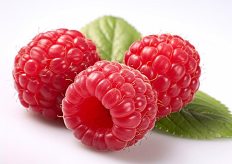 Sweet red raspberries with leaf on white background.Macro.AI Generative.
