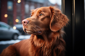 Beautiful golden retriever puppy dog on a street. High quality photo