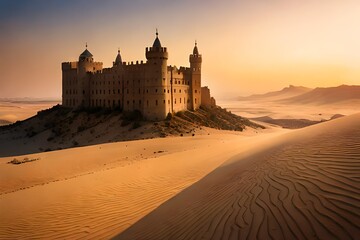 sunset at the castle, A majestic castle rises from the heart of the desert, its towering spires casting long shadows as the sun sets over the rolling sands.