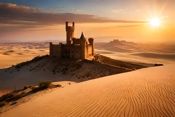 sunset over the fortress, A majestic castle rises from the heart of the desert, its towering spires casting long shadows as the sun sets over the rolling sands.