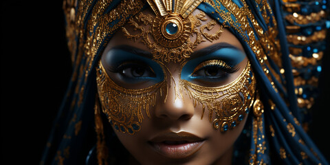 Egyptische Königin mit grandiosen Kopfschmuck in gold und wunderschönen Makeup im Querformat als Banner, ai genertaiv