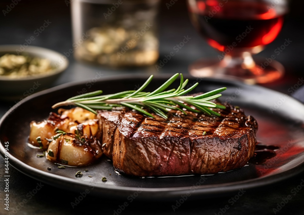 Wall mural Grilled beef steak in a small plate with rosemary and pepper served on a plate with red wine.AI Generative