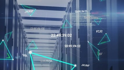 Animation of changing numbers over spinning globe and plexus networks against computer server room - Powered by Adobe