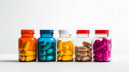 Essential Medicine: Bottles Brimming with Pills and Tablets Against a Pristine White Background - Ideal Imagery for Medical Articles with Copy Space
