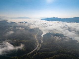 Aerial photography of beautiful sunrise and sea of ​​clouds on the mountain