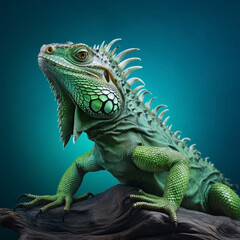 Fototapeta premium Beautiful green iguana on a blue background