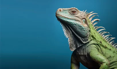 Foto op Canvas Beautiful green iguana on a blue background © Mari