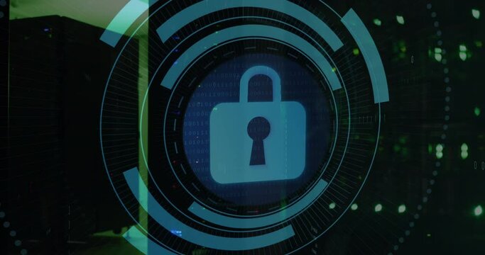 Animation of security padlock icon on round scanner and binary coding against computer server room