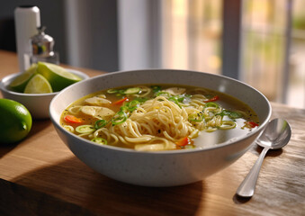Asian soup in bowl with spoon and limes.Macro.AI Generative
