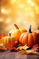  pumpkins with fall leaves on wooden ground, natural light, bokeh background, fall background with space for text © Tina