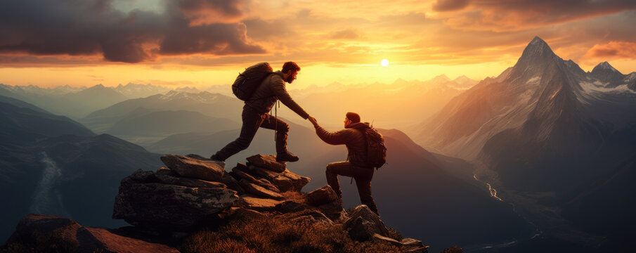 Summit Solidarity: Hiker Guiding Friend to Pinnacle