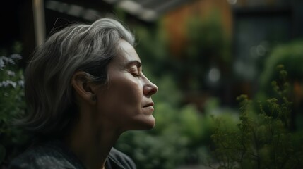 Fototapeta premium Zen Calm: A Tranquil Portrait of a Person with Eyes Closed in a Serene Garden and Beach Setting - Evoking Ultimate Peace and Mindfulness