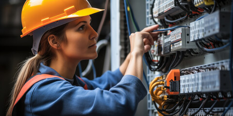 Safety first: Female electrician in gear masters the complexities of a fuse box.