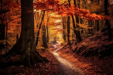 Hiking path through a dense forest with vibrant colors of fall