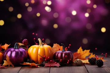 Poster purple and golden pumpkins with fall leaves and decorations on wooden ground in front of a bokeh background with space for text © Tina