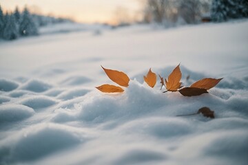  A branch with autumn leaves in the snow