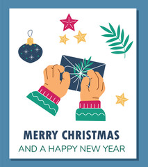 Hands tie a bow on on gift box, surprise box wrapped, vector postcard with lettering, stars and Christmas decorations